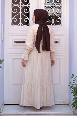 Düğmeli Bej Tesettür Elbise 13902BEJ