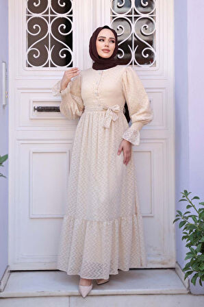 Düğmeli Bej Tesettür Elbise 13902BEJ