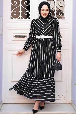 Desenli Siyah Tesettür Elbise 43534S