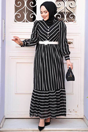Desenli Siyah Tesettür Elbise 43534S
