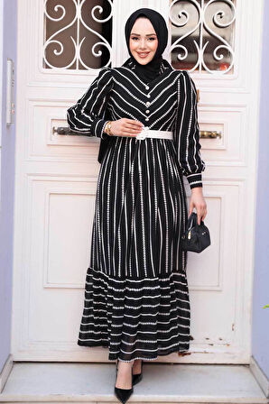Desenli Siyah Tesettür Elbise 43534S