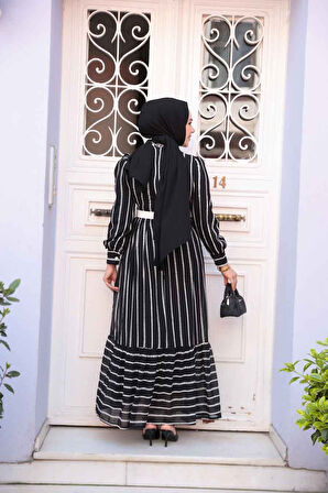 Desenli Siyah Tesettür Elbise 43534S