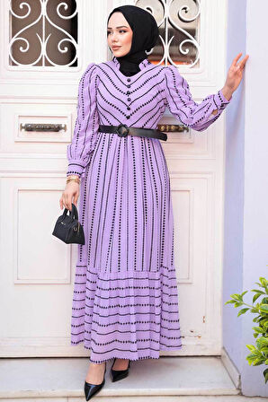 Desenli Lila Tesettür Elbise 43534LILA