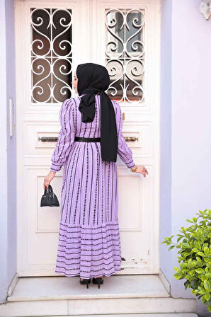 Desenli Lila Tesettür Elbise 43534LILA