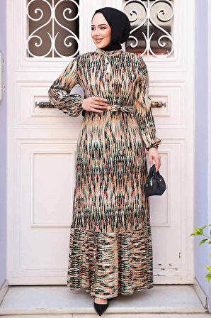 Desenli Turuncu Tesettür Elbise 52721T