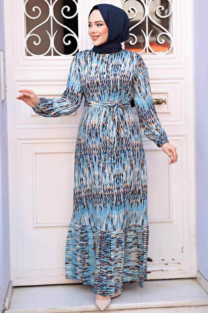 Desenli Mavi Tesettür Elbise 52721M