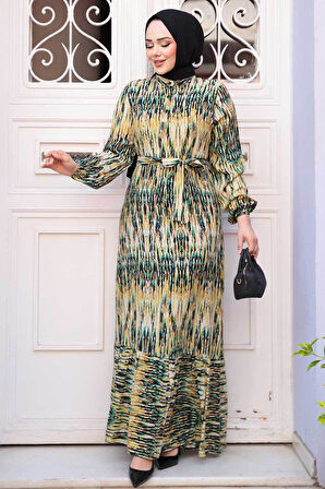 Desenli Yağ Yeşili Tesettür Elbise 52721YY