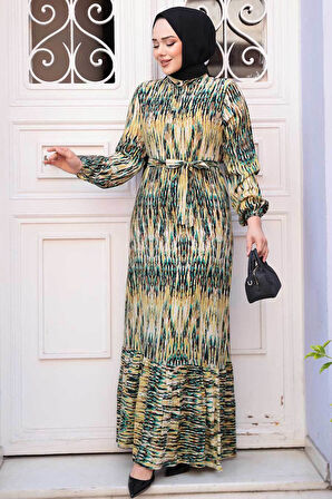 Desenli Yağ Yeşili Tesettür Elbise 52721YY