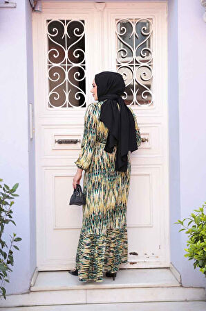 Desenli Yağ Yeşili Tesettür Elbise 52721YY