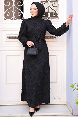 Desenli Siyah Tesettür Elbise 5298S