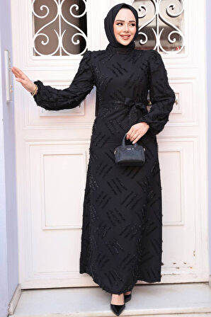 Desenli Siyah Tesettür Elbise 5298S