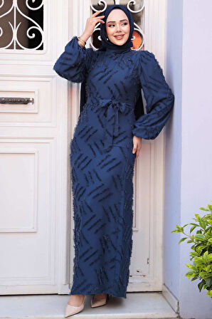 Desenli Lacivert Tesettür Elbise 5298L