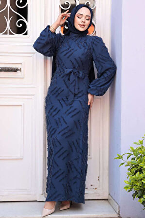 Desenli Lacivert Tesettür Elbise 5298L