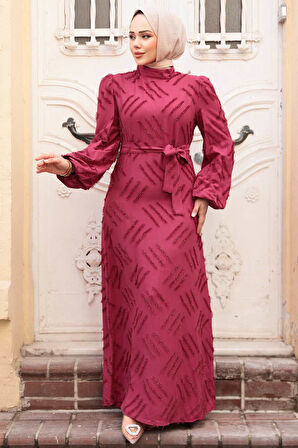 Desenli Bordo Tesettür Elbise 5298BR