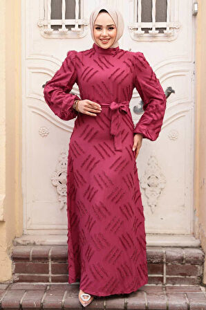 Desenli Bordo Tesettür Elbise 5298BR
