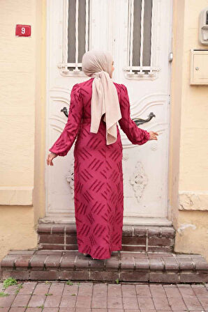 Desenli Bordo Tesettür Elbise 5298BR