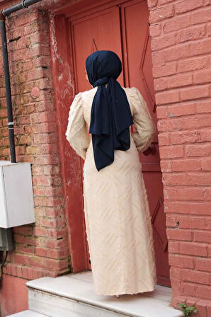 Desenli Bej Tesettür Elbise 5298BEJ