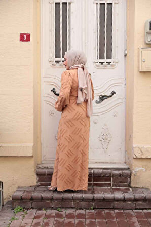 Desenli Camel Tesettür Elbise 5298C