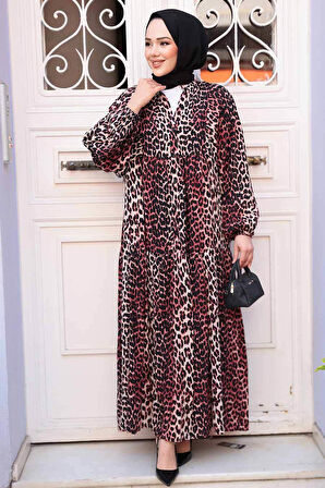 Leopar Desenli Bordo Tesettür Elbise 52942BR