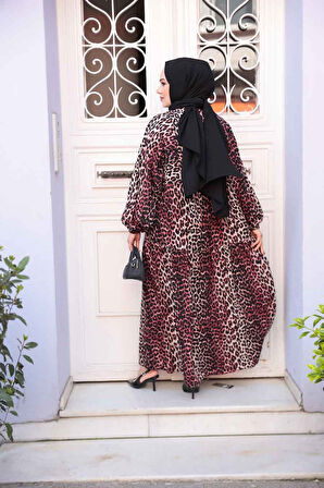 Leopar Desenli Bordo Tesettür Elbise 52942BR