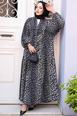 Leopar Desenli Gri Tesettür Elbise 52942GR