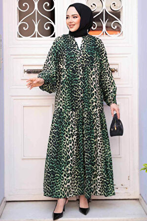 Leopar Desenli Yeşil Tesettür Elbise 52942Y