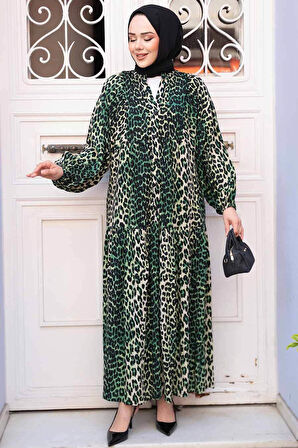 Leopar Desenli Yeşil Tesettür Elbise 52942Y