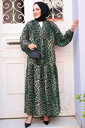 Leopar Desenli Yeşil Tesettür Elbise 52942Y