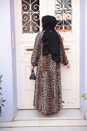 Leopar Desenli Tesettür Elbise 52942LP