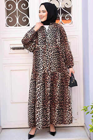 Leopar Desenli Tesettür Elbise 52942LP