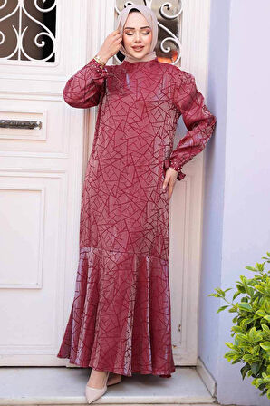 Desenli Bordo Tesettür Saten Elbise 4457BR