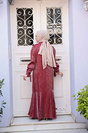 Desenli Bordo Tesettür Saten Elbise 4457BR