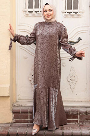 Desenli Vizon Tesettür Saten Elbise 4457V