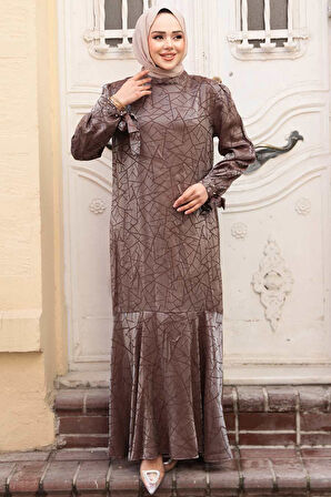 Desenli Vizon Tesettür Saten Elbise 4457V