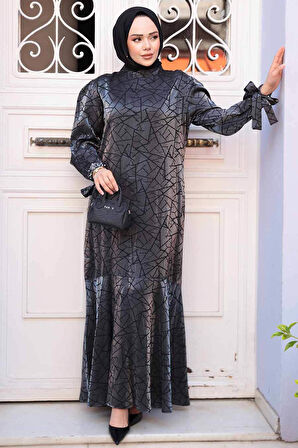 Desenli Antrasit Tesettür Saten Elbise 4457ANT