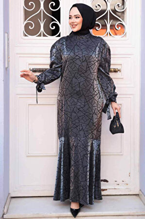Desenli Antrasit Tesettür Saten Elbise 4457ANT