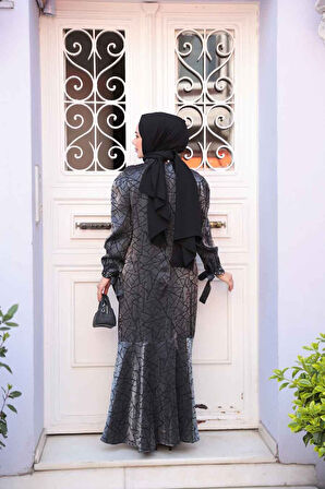 Desenli Antrasit Tesettür Saten Elbise 4457ANT