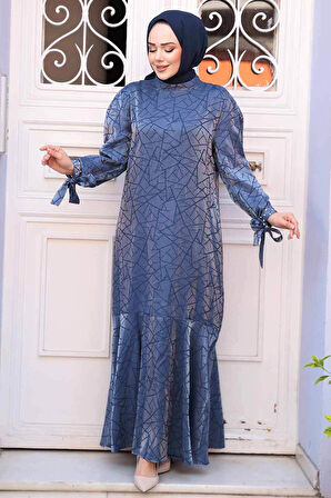 Desenli İndigo Mavisi Tesettür Saten Elbise 4457IM