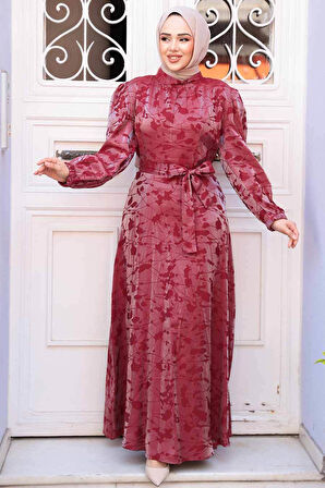 Desenli Bordo Tesettür Saten Elbise 52921BR