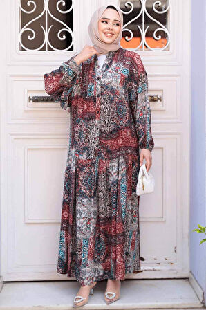Desenli Bordo Tesettür Elbise 52943BR