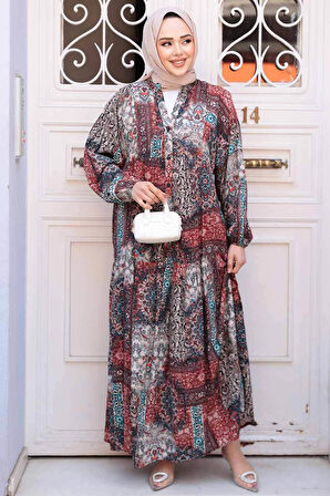 Desenli Bordo Tesettür Elbise 52943BR