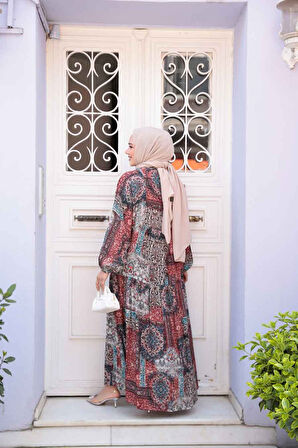Desenli Bordo Tesettür Elbise 52943BR