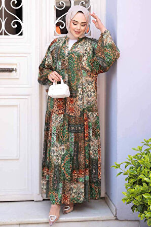 Desenli Yeşil Tesettür Elbise 52943Y