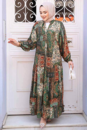Desenli Yeşil Tesettür Elbise 52943Y