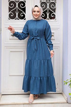 Kat Piliseli İndigo Mavisi Tesettür Elbise 61621IM