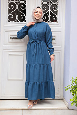 Kat Piliseli İndigo Mavisi Tesettür Elbise 61621IM