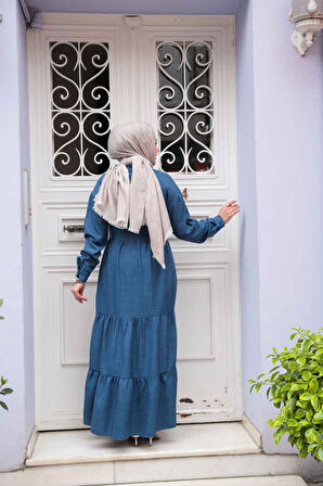 Kat Piliseli İndigo Mavisi Tesettür Elbise 61621IM