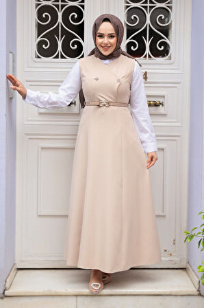 Bej Tesettür Jile Elbise 62081BEJ