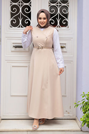 Bej Tesettür Jile Elbise 62081BEJ