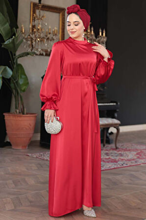 Saten Kırmızı Tesettür Elbise 62132K